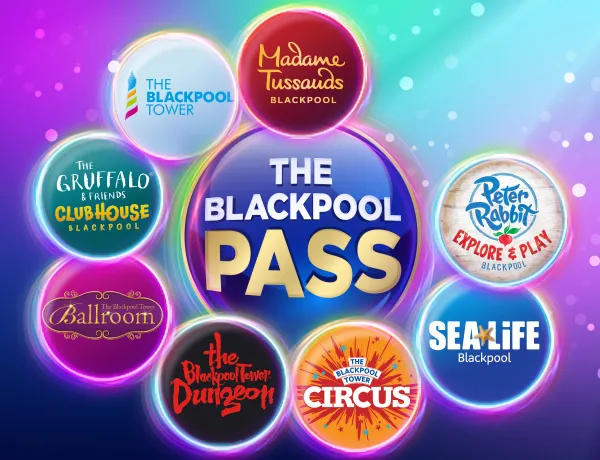 The Blackpool Pass logo surrounded by orb logos representing 8 Merlin Blackpool attractions