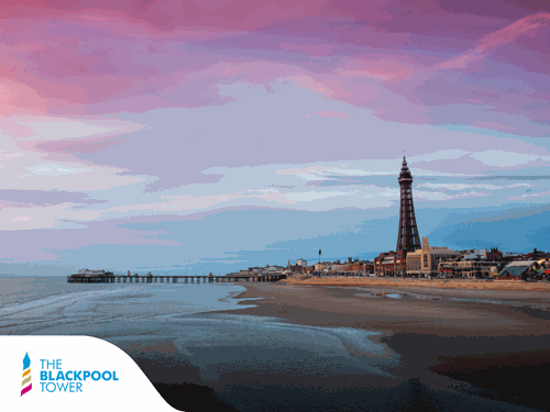 The Blackpool Tower with Pink Sky and Logo